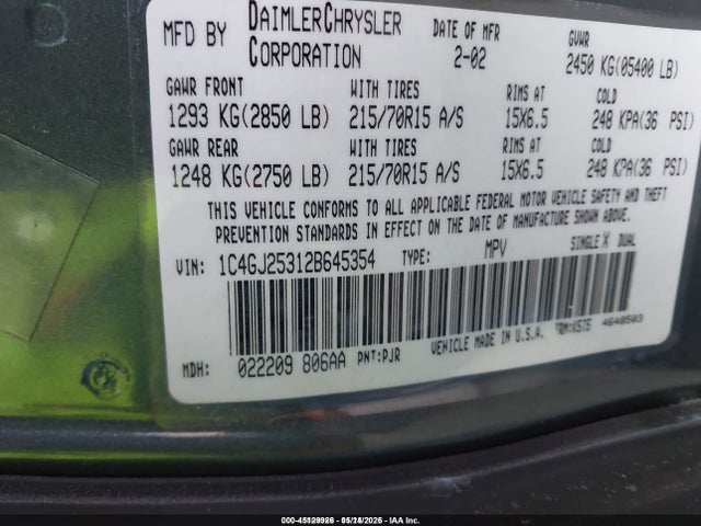 Aukcja sprzedaży 2002 Chrysler Voyager, vin: 1C4GJ25312B645354, numer aukcji: 45129926
