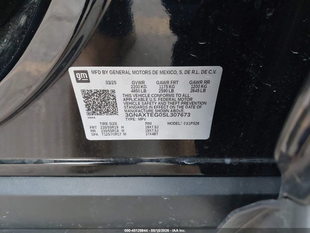 45129944 :رقم المزاد ، 3GNAXTEG0SL307673 vin ، 2025 Chevrolet Equinox Awd Rs مزاد بيع