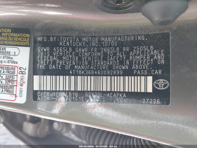 45129958 :رقم المزاد ، 4T1BK36B46U092899 vin ، 2006 Toyota Avalon Limited مزاد بيع
