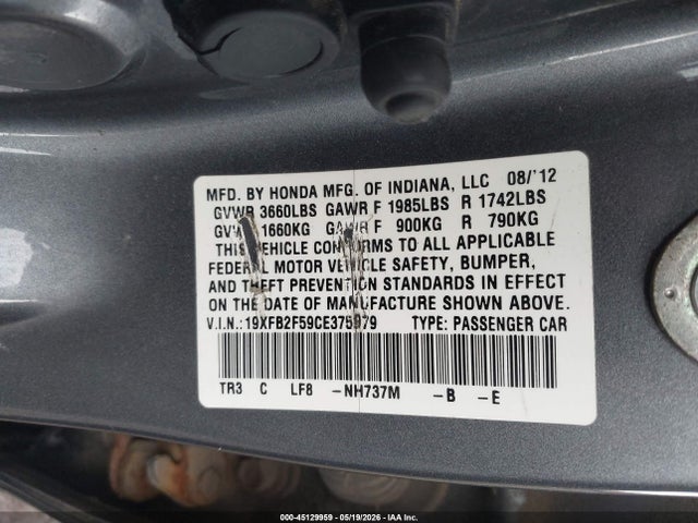 Aukcja sprzedaży 2012 Honda Civic Lx, vin: 19XFB2F59CE375979, numer aukcji: 45129959