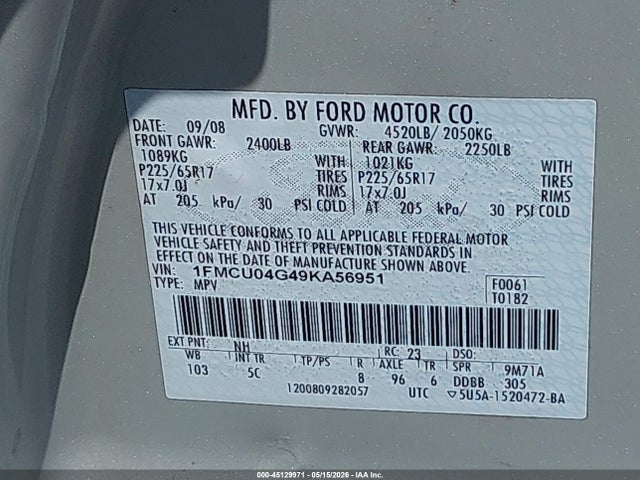 Продаж на аукціоні авто 2009 Ford Escape Limited, vin: 1FMCU04G49KA56951, номер лоту: 45129971