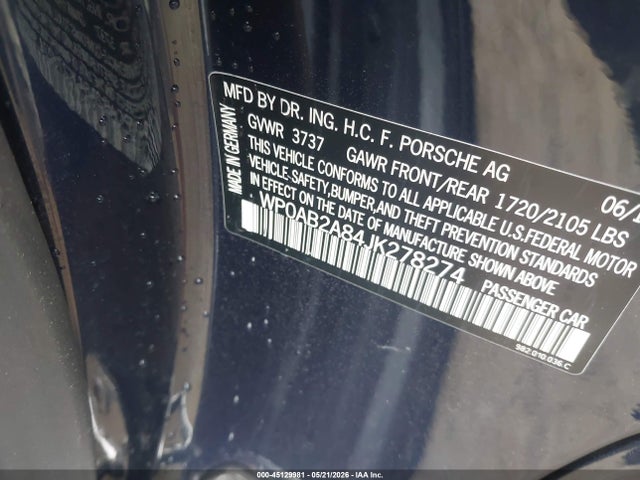 Auction sale of the 2018 Porsche 718 Cayman S, vin: WP0AB2A84JK278274, lot number: 45129981