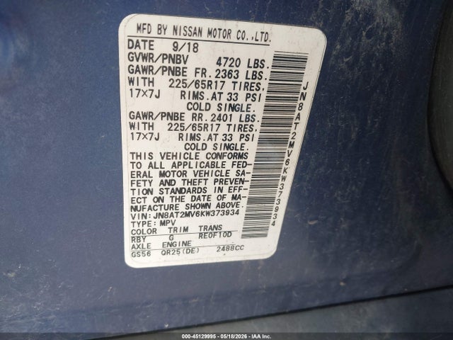 2019 Nissan Rogue Sv მანქანა იყიდება აუქციონზე, vin: JN8AT2MV6KW373934, აუქციონის ნომერი: 45129995
