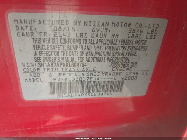 3N1AB7APXKL604764 Nissan SENTRA SV