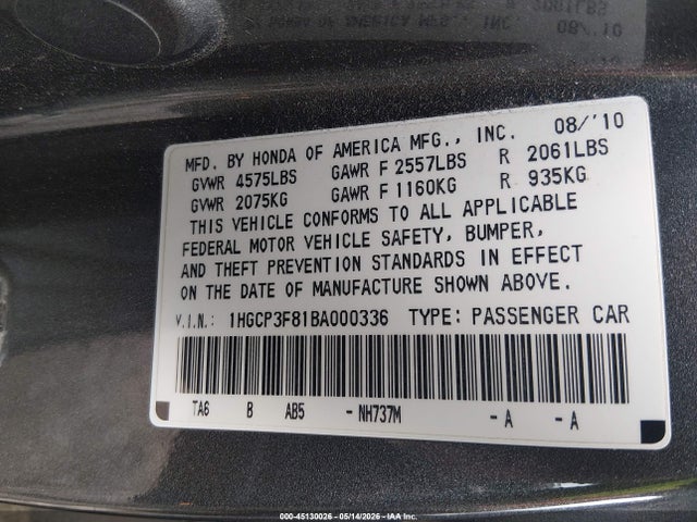 2011 Honda Accord 3.5 Ex-l მანქანა იყიდება აუქციონზე, vin: 1HGCP3F81BA000336, აუქციონის ნომერი: 45130026