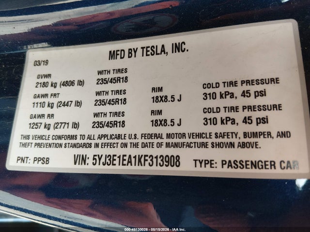 2019 Tesla Model 3 მანქანა იყიდება აუქციონზე, vin: 5YJ3E1EA1KF313908, აუქციონის ნომერი: 45130028