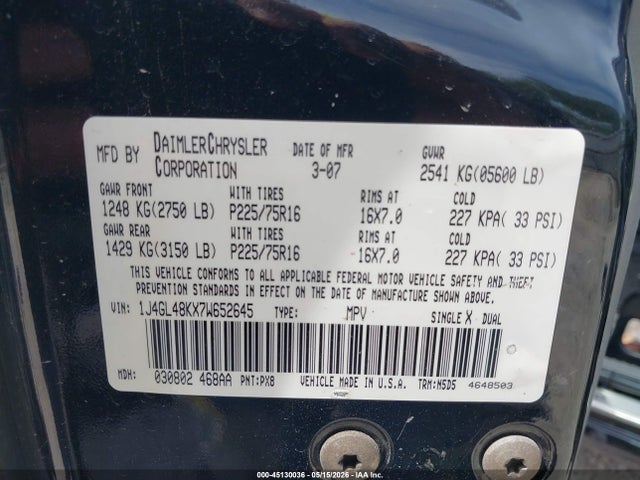 Aukcja sprzedaży 2007 Jeep Liberty Sport, vin: 1J4GL48KX7W652645, numer aukcji: 45130036