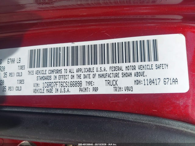 Продажа на аукционе авто 2012 Ram 1500 St, vin: 1C6RD7FT6CS166898, номер лота: 45130040