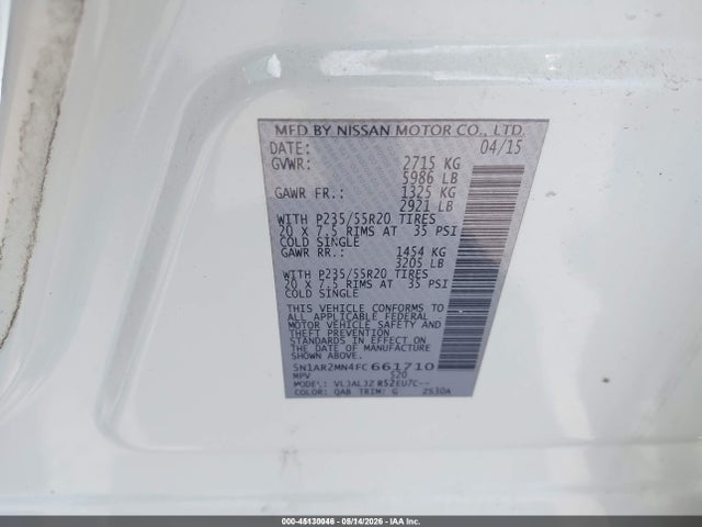 Продажа на аукционе авто 2015 Nissan Pathfinder Platinum, vin: 5N1AR2MN4FC661710, номер лота: 45130046