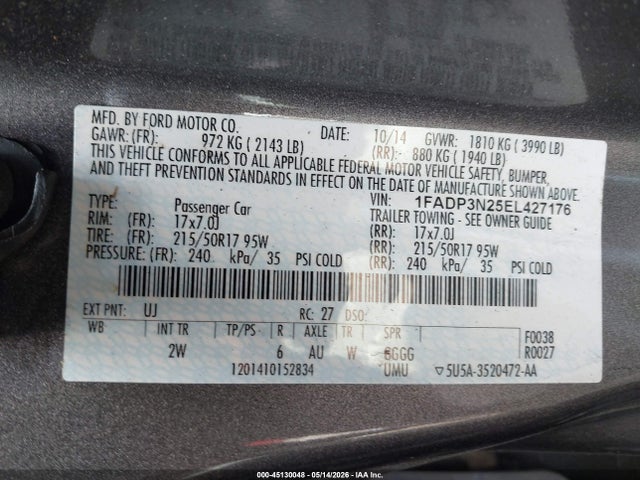 45130048 :رقم المزاد ، 1FADP3N25EL427176 vin ، 2014 Ford Focus Titanium مزاد بيع