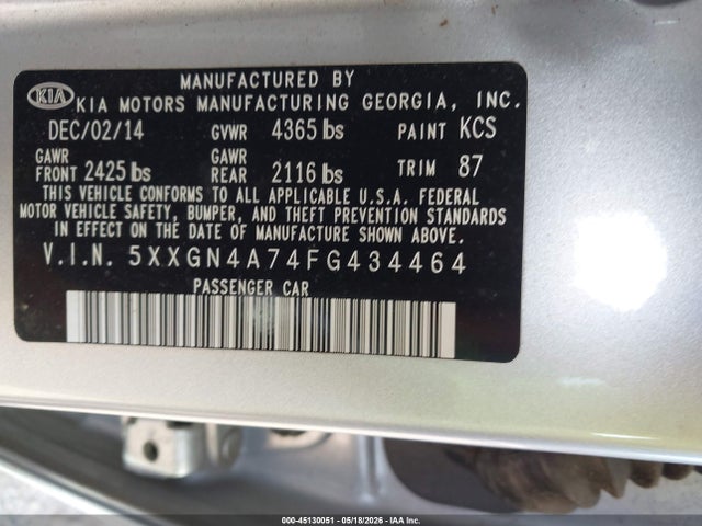 Aukcja sprzedaży 2015 Kia Optima Ex, vin: 5XXGN4A74FG434464, numer aukcji: 45130051