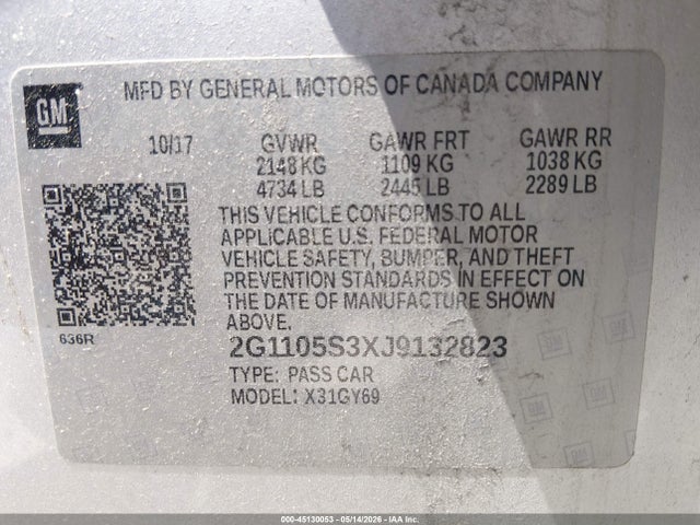 Aukcja sprzedaży 2018 Chevrolet Impala 1lt, vin: 2G1105S3XJ9132823, numer aukcji: 45130053