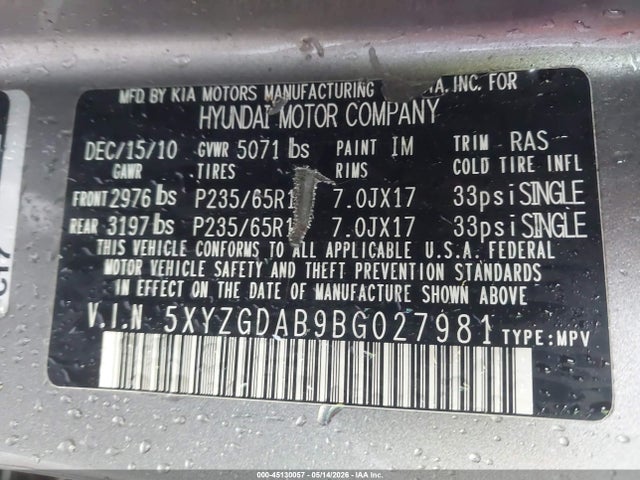 Продаж на аукціоні авто 2011 Hyundai Santa Fe Gls, vin: 5XYZGDAB9BG027981, номер лоту: 45130057