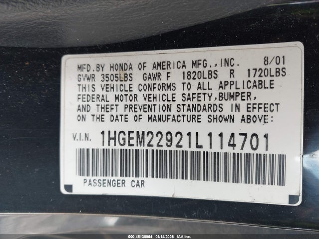 Aukcja sprzedaży 2001 Honda Civic Ex, vin: 1HGEM22921L114701, numer aukcji: 45130064