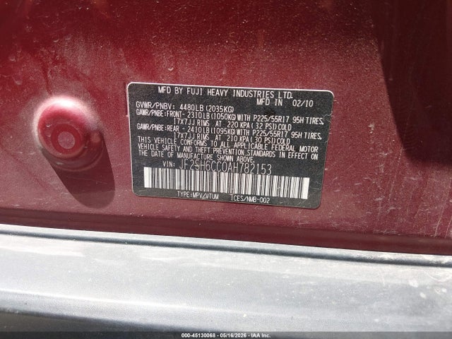 Продаж на аукціоні авто 2010 Subaru Forester 2.5x Premium, vin: JF2SH6CC0AH782153, номер лоту: 45130068