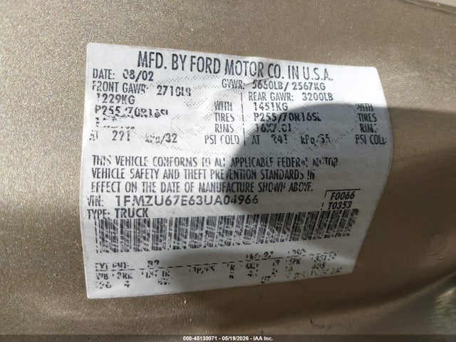 Aukcja sprzedaży 2003 Ford Explorer Sport Trac Xls/xlt, vin: 1FMZU67E63UA04966, numer aukcji: 45130071
