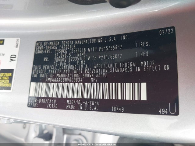 Aukcja sprzedaży 2022 Toyota Corolla Cross L, vin: 7MUAAAAG8NV009834, numer aukcji: 45130075