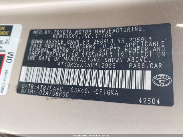 Aukcja sprzedaży 2010 Toyota Camry Xle V6, vin: 4T1BK3EK1AU112925, numer aukcji: 45130078
