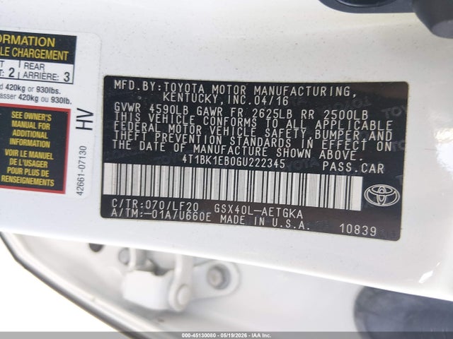Aukcja sprzedaży 2016 Toyota Avalon Xle Premium, vin: 4T1BK1EB0GU222345, numer aukcji: 45130080