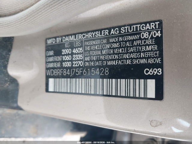 Aukcja sprzedaży 2005 Mercedes-benz C 320 Luxury 4matic, vin: WDBRF84J75F615428, numer aukcji: 45130088
