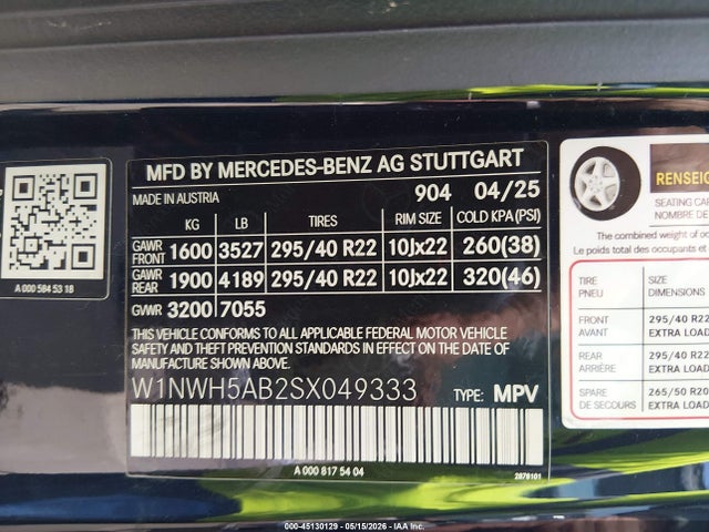 Aukcja sprzedaży 2025 Mercedes-benz Amg G 63, vin: W1NWH5AB2SX049333, numer aukcji: 45130129