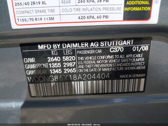 Aukcja sprzedaży 2008 Mercedes-benz S 550 4matic, vin: WDDNG86X18A204404, numer aukcji: 45130130