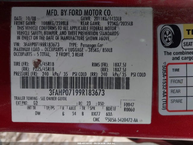 Aukcja sprzedaży 2009 Ford Fusion Se, vin: 3FAHP07199R183673, numer aukcji: 45130132