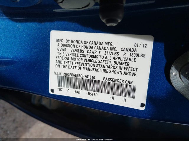 45130143 :رقم المزاد ، 2HGFB6E53CH701810 vin ، 2012 Honda Civic Si مزاد بيع
