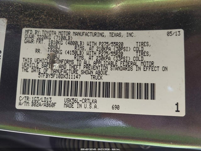 45130149 :رقم المزاد ، 5TFBY5F10DX311147 vin ، 2013 Toyota Tundra Limited 5.7l V8 مزاد بيع