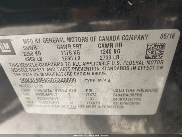 Aukcja sprzedaży 2016 Gmc Terrain Sle-1, vin: 2GKALMEK5G6348699, numer aukcji: 45130151