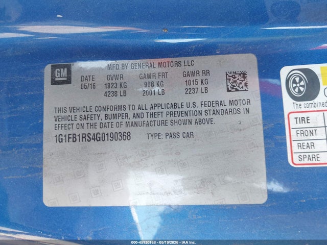 2016 Chevrolet Camaro 1lt მანქანა იყიდება აუქციონზე, vin: 1G1FB1RS4G0190368, აუქციონის ნომერი: 45130168
