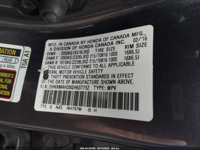 Aukcja sprzedaży 2016 Honda Cr-v Lx, vin: 2HKRM4H3XGH637752, numer aukcji: 45130169