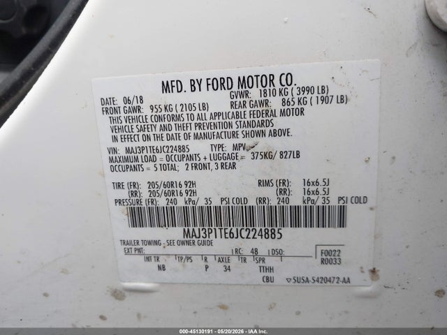 Aukcja sprzedaży 2018 Ford Ecosport Se, vin: MAJ3P1TE6JC224885, numer aukcji: 45130191