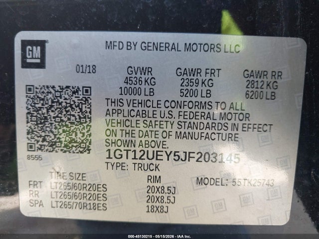 45130215 :رقم المزاد ، 1GT12UEY5JF203145 vin ، 2018 Gmc Sierra 2500hd Denali مزاد بيع