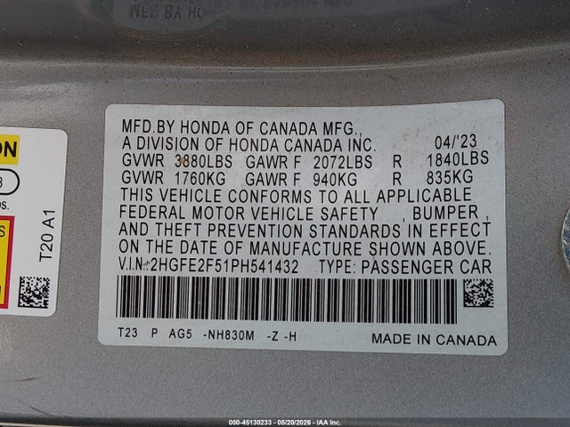 Honda Civic Sport 2023 2HGFE2F51PH541432 Image 9
