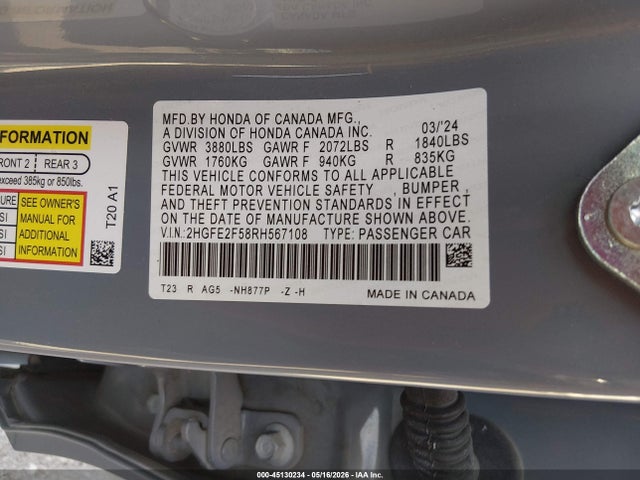 Продаж на аукціоні авто 2024 Honda Civic Sport, vin: 2HGFE2F58RH567108, номер лоту: 45130234