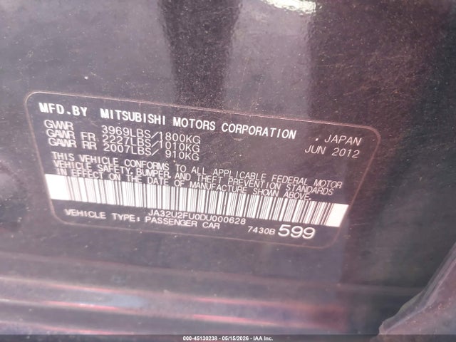 2013 Mitsubishi Lancer Es მანქანა იყიდება აუქციონზე, vin: JA32U2FU0DU000628, აუქციონის ნომერი: 45130238