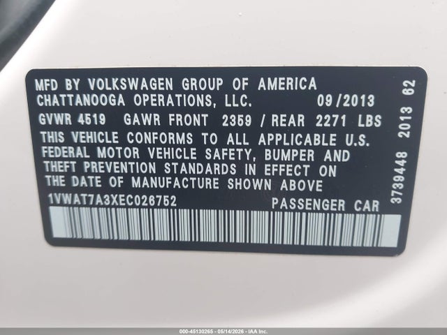Aukcja sprzedaży 2014 Volkswagen Passat 1.8t Wolfsburg Edition, vin: 1VWAT7A3XEC026752, numer aukcji: 45130265