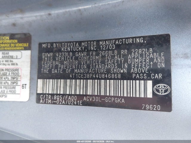 2004 Toyota Camry Solara Sle მანქანა იყიდება აუქციონზე, vin: 4T1CE38P44U846868, აუქციონის ნომერი: 45130268