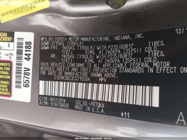 2012 Toyota Sienna Xle V6 8 Passenger მანქანა იყიდება აუქციონზე, vin: 5TDYK3DC3CS210564, აუქციონის ნომერი: 45130291