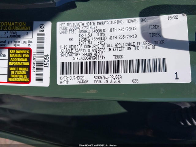 45130307 :رقم المزاد ، 5TFLA5EC4PX011319 vin ، 2023 Toyota Tundra Sr5 مزاد بيع
