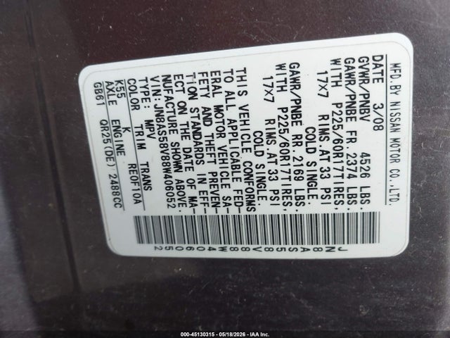 Продажа на аукционе авто 2008 Nissan Rogue Sl, vin: JN8AS58V88W406052, номер лота: 45130315