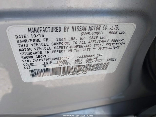 2016 Infiniti Q70 3.7 მანქანა იყიდება აუქციონზე, vin: JN1BY1AP8GM220057, აუქციონის ნომერი: 45130318