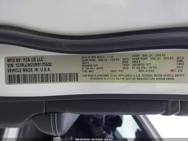 45130334 :رقم المزاد ، 1C4RJJAG5M8175602 vin ، 2021 Jeep Grand Cherokee L Altitude 4x2 مزاد بيع