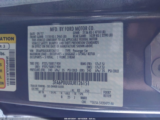 Ford Fusion Hybrid S 2018 3FA6P0UUXJR126151 Image 9
