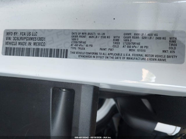 Продажа на аукционе авто 2021 Ram Promaster 2500 Window Van High Roof 159 Wb, vin: 3C6LRVPGXME513831, номер лота: 45130342