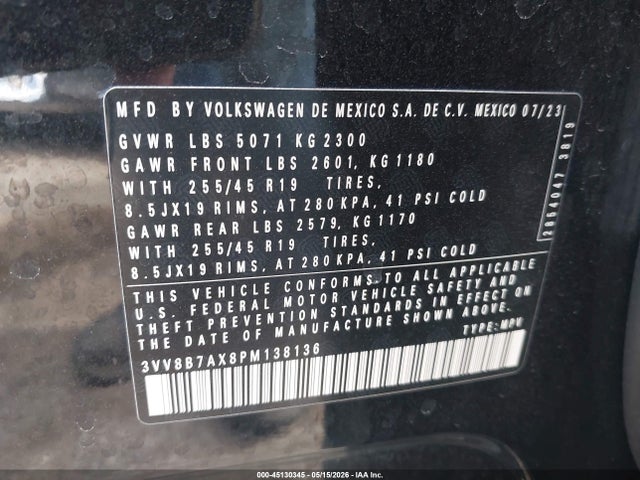 2023 Volkswagen Tiguan 2.0t Se R-line Black მანქანა იყიდება აუქციონზე, vin: 3VV8B7AX8PM138136, აუქციონის ნომერი: 45130345