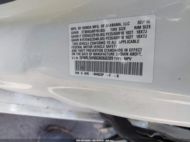 Aukcja sprzedaży 2016 Honda Odyssey Touring/touring Elite, vin: 5FNRL5H90GB068289, numer aukcji: 45130354