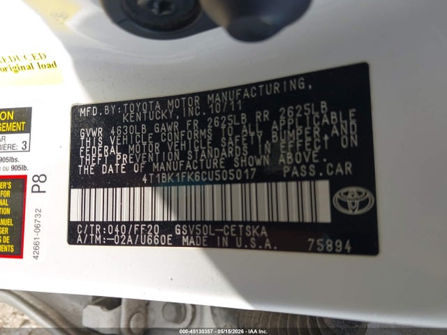 Aukcja sprzedaży 2012 Toyota Camry Se V6, vin: 4T1BK1FK6CU505017, numer aukcji: 45130357