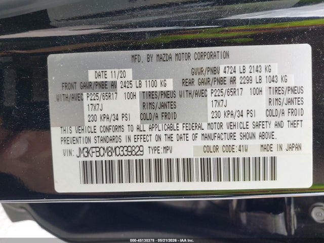 2021 Mazda Cx-5 Touring მანქანა იყიდება აუქციონზე, vin: JM3KFBCM8M0339829, აუქციონის ნომერი: 45130378